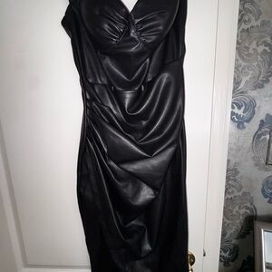 Strapless Black Faux Leather Draped Midi Dress